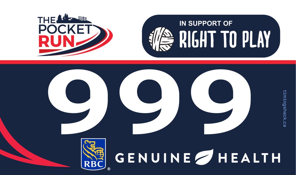 Souvenir race bib with The Pocket Run, Right To Play, RBC and Genuine Health
